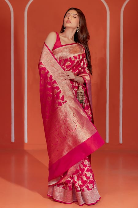 Amaara_Pink Silk Zari Katan Floral Banarasi Handwoven Saree With Running Blouse _at_Aza_Fashions