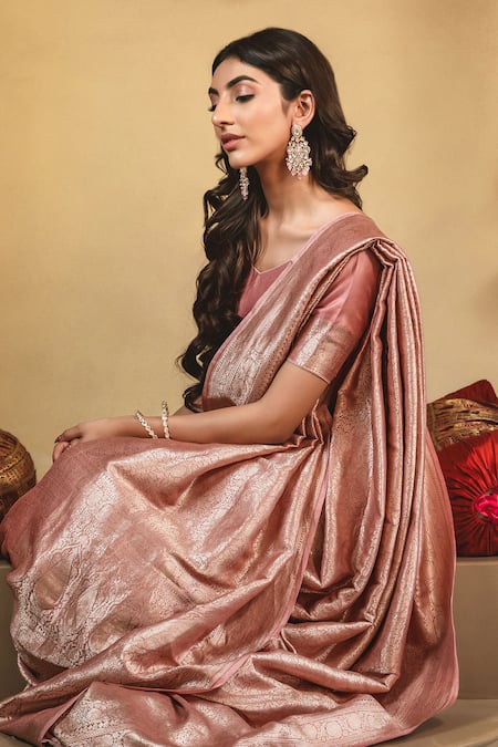 Buy_Amaara_Pink Silk Zari Katan Brocade Handwoven Banarasi Saree With Running Blouse _Online_at_Aza_Fashions