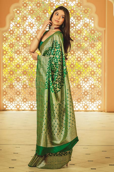Shop_Amaara_Green Satin, Silk Embroidery Floral Woven Banarasi Saree With Running Blouse _Online_at_Aza_Fashions