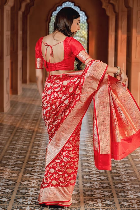Amaara Red Katan Silk Zari Floral Banarasi Woven Saree With Running Blouse 