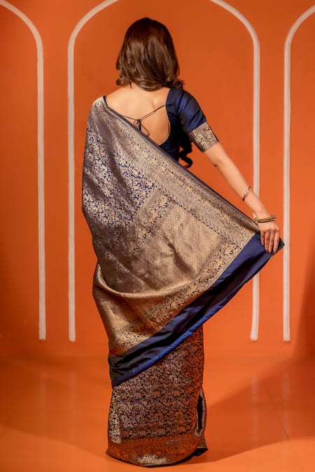 Amaara Blue Katan Silk Shikargah Woven Motif Saree With Running Blouse 
