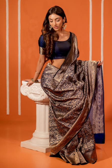 Buy Amaara Blue Silk Katan Shikargah Woven Motif Saree With Running Blouse Online at Aza Fashions Buy_Amaara_Blue Silk Katan Shikargah Woven Motif Saree With Running Blouse_Online_at_Aza_Fashions