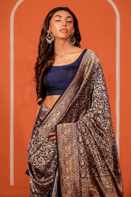 Shop Amaara Blue Silk Katan Shikargah Woven Motif Saree With Running Blouse Online at Aza Fashions Shop_Amaara_Blue Silk Katan Shikargah Woven Motif Saree With Running Blouse_Online_at_Aza_Fashions