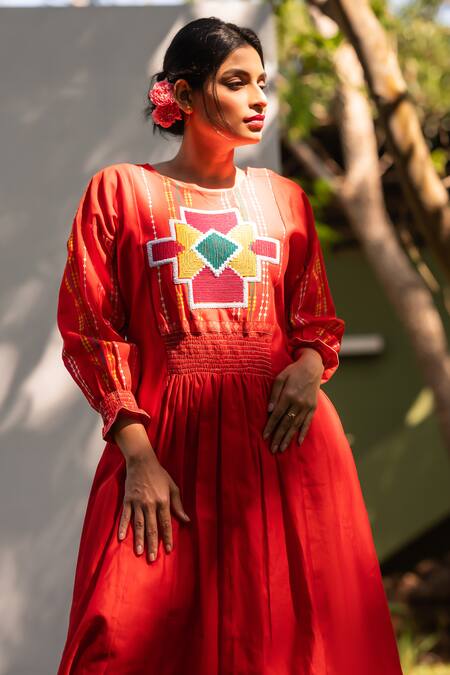 Shop_Prachi Kamat_Orange Chanderi, Muslin Embroidery Round Neck Portuguese Folk Anarkali Pant Set 