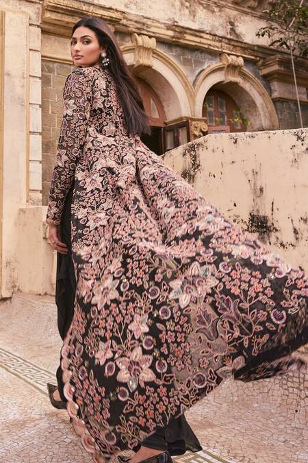 Buy_Ridhima Bhasin_Black Organza, Chiffon Embroidery Draped Pant Saree Set With Embellished Cape _Online_at_Aza_Fashions