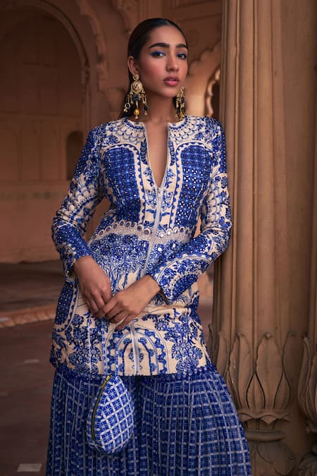 Diyarajvvir_Blue Georgette, Silk Embroidery, Floral Thikri Print Kurta And Gharara Set _Online_at_Aza_Fashions
