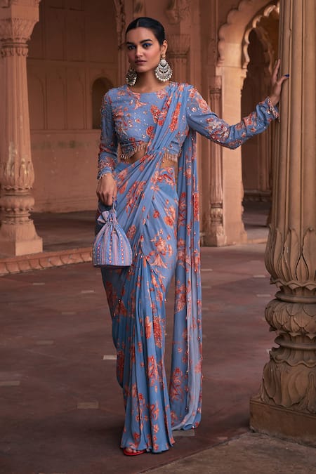 DiyaRajvvir Blue Crepe Printed Floral Round Pre-draped Skirt Saree With Blouse