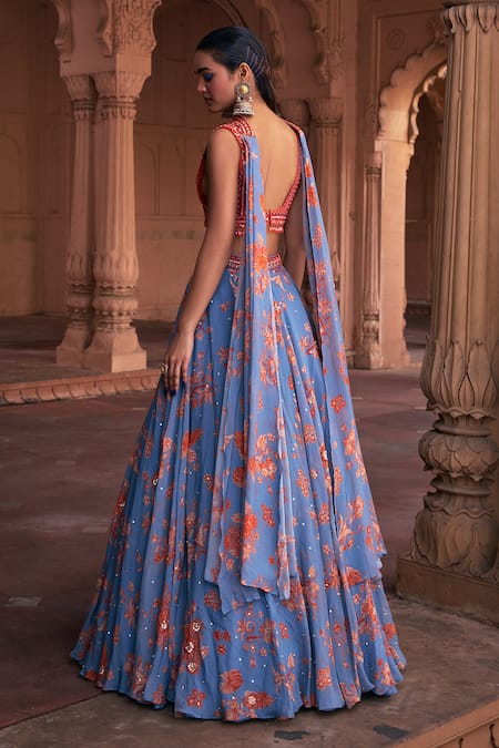 Diyarajvvir Blue Organza, Tulle Sequins V-neck Embroidered Blouse Lehenga Set Online at Aza Fashions Diyarajvvir_Blue Organza, Tulle Sequins V-neck Embroidered Blouse Lehenga Set _Online_at_Aza_Fashions
