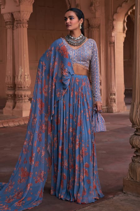 Diyarajvvir Blue Crepe, Georgette Sequins, Floral Pattern Pre-draped Skirt Saree With Blouse Online at Aza Fashions Diyarajvvir_Blue Crepe, Georgette Sequins, Floral Pattern Pre-draped Skirt Saree With Blouse _Online_at_Aza_Fashions