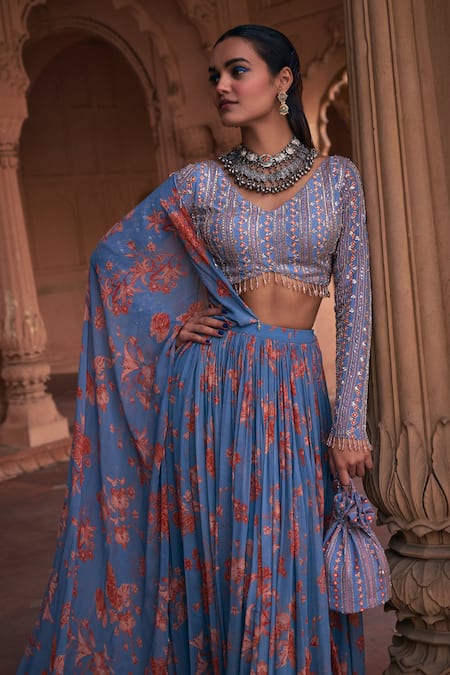 Buy Diyarajvvir Blue Crepe, Georgette Sequins, Floral Pattern Pre-draped Skirt Saree With Blouse Online at Aza Fashions Buy_Diyarajvvir_Blue Crepe, Georgette Sequins, Floral Pattern Pre-draped Skirt Saree With Blouse _Online_at_Aza_Fashions