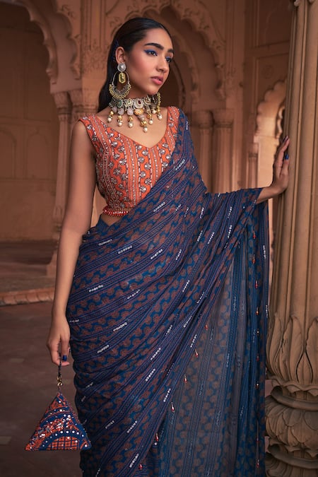 Diyarajvvir_Blue Crepe, Georgette Sequins, Floral Print Pre-stitched Skirt Saree With Blouse _Online_at_Aza_Fashions