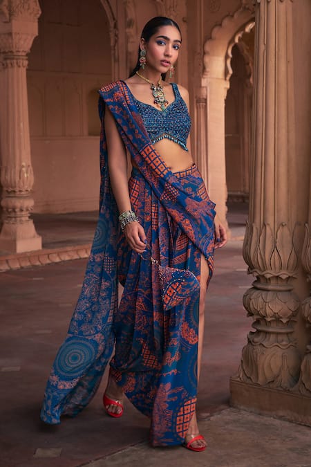 DiyaRajvvir Thikri Print Pre-Stitched Skirt Saree With Blouse 