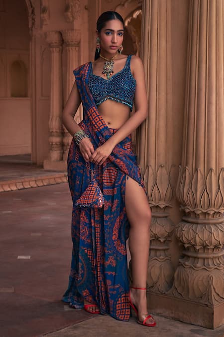 Diyarajvvir_Blue Tulle, Crepe, Satin, Thikri Print Pre-stitched Skirt Saree With Blouse _Online_at_Aza_Fashions
