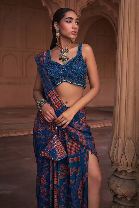 Buy_Diyarajvvir_Blue Tulle, Crepe, Satin, Thikri Print Pre-stitched Skirt Saree With Blouse _Online_at_Aza_Fashions