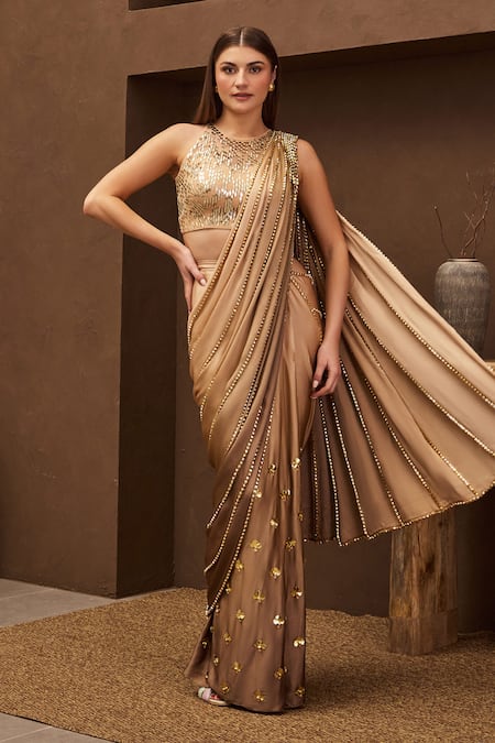 Papa Don't Preach Pret Beige Georgette Satin Embroidery Metal Pre-draped Saree With Blouse 