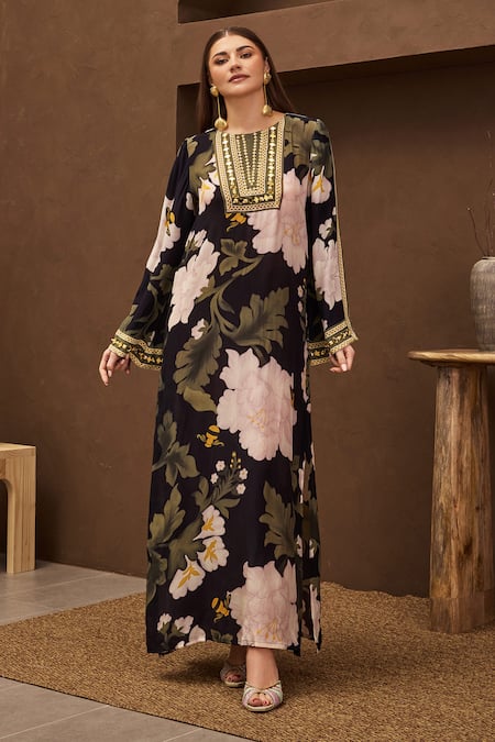 Papa Don't Preach Pret Black Crepe Embroidery, Sequins Round Neck Petal Whisper Print Maxi Kaftan Online at Aza Fashions Papa Don't Preach Pret_Black Crepe Embroidery, Sequins Round Neck Petal Whisper Print Maxi Kaftan_Online_at_Aza_Fashions