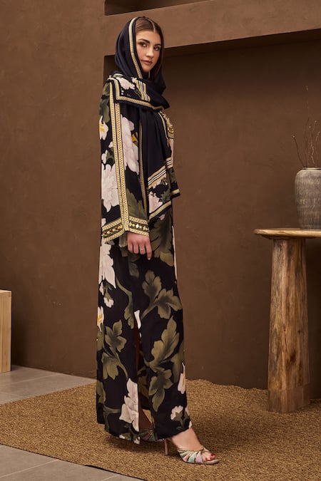 Buy Papa Don't Preach Pret Black Crepe Embroidery, Sequins Round Neck Petal Whisper Print Maxi Kaftan Online at Aza Fashions Buy_Papa Don't Preach Pret_Black Crepe Embroidery, Sequins Round Neck Petal Whisper Print Maxi Kaftan_Online_at_Aza_Fashions