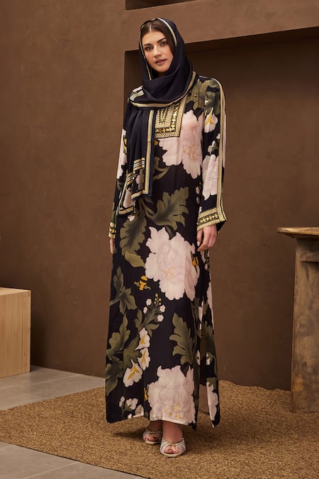 Shop Papa Don't Preach Pret Black Crepe Embroidery, Sequins Round Neck Petal Whisper Print Maxi Kaftan Online at Aza Fashions Shop_Papa Don't Preach Pret_Black Crepe Embroidery, Sequins Round Neck Petal Whisper Print Maxi Kaftan_Online_at_Aza_Fashions