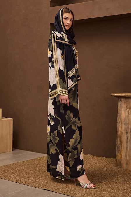 Papa Don't Preach Pret Black Crepe Embroidery, Sequins Round Neck Petal Whisper Print Maxi Kaftan at Aza Fashions Papa Don't Preach Pret_Black Crepe Embroidery, Sequins Round Neck Petal Whisper Print Maxi Kaftan_at_Aza_Fashions
