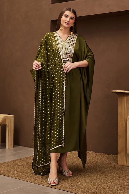 Papa Don't Preach Pret Green Satin Embroidered Yoke Golden Sequins V Neck Oasis Kurta With Dupatta 