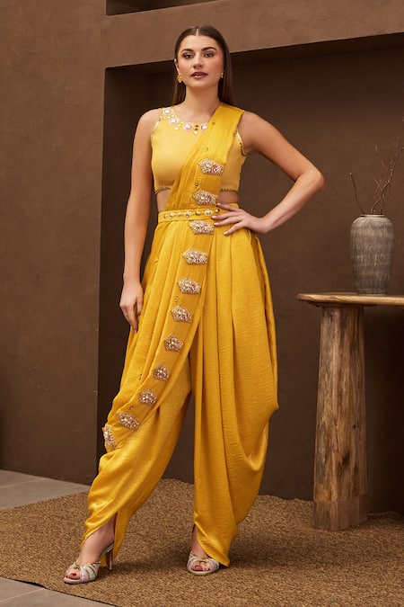 Papa Don't Preach Pret Yellow Satin Placement Embroidery Sunflower Sangria Pre-stitched Dhoti Saree Set 