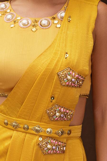 Papa Don't Preach Pret_Yellow Satin Sequins, Beads, Sunflower Sangria Pre-stitched Dhoti Saree Set_Online_at_Aza_Fashions