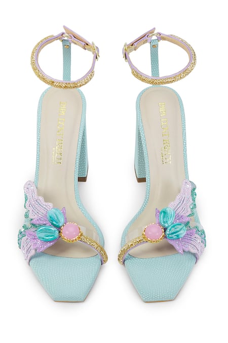 Shop Papa Don't Preach Accessories Green Embroidery, Beads Zazu Embellished Block Heels at Aza Fashions Shop_Papa Don't Preach Accessories_Green Embroidery, Beads Zazu Embellished Block Heels _at_Aza_Fashions