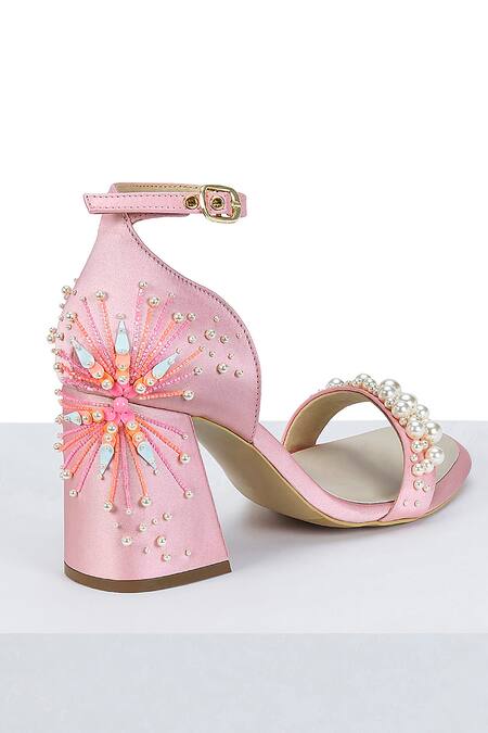Papa Don't Preach Accessories_Pink Pearls, Beads Dandelion Twinkle Embellished Block Heels _Online_at_Aza_Fashions