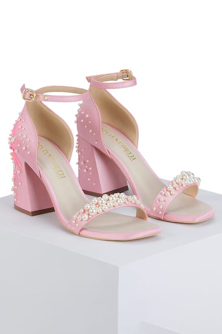 Buy_Papa Don't Preach Accessories_Pink Pearls, Beads Dandelion Twinkle Embellished Block Heels _Online_at_Aza_Fashions