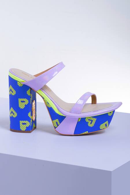 Papa Don't Preach Accessories Blue Pixel Print Block Heels Online at Aza Fashions Papa Don't Preach Accessories_Blue Pixel Print Block Heels _Online_at_Aza_Fashions