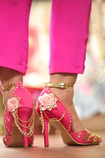 Shop_Papa Don't Preach Accessories_Pink Pearls, Chains, Fabric Flowers The Rositas Metallic Embellished Stilettos _Online_at_Aza_Fashions