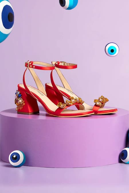 Papa Don't Preach Accessories Red Crystal Stone Embellished Block Heels 