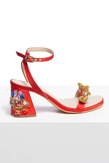 Papa Don't Preach Accessories_Red Crystals, Metallic Thread, Applique Embellished Block Heels _Online_at_Aza_Fashions