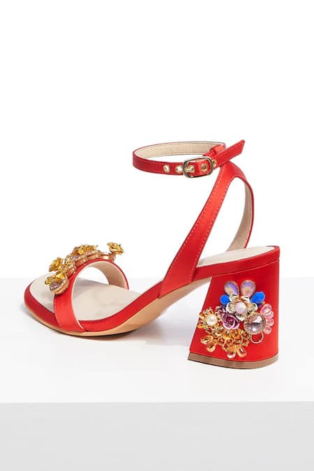 Buy_Papa Don't Preach Accessories_Red Crystals, Metallic Thread, Applique Embellished Block Heels _Online_at_Aza_Fashions