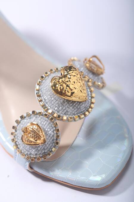 Papa Don't Preach Accessories_Blue Beads, Brooches Le Macaron Embellished Dainty Block Heels _Online_at_Aza_Fashions