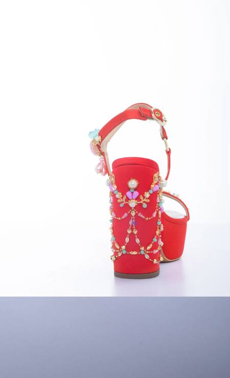 Papa Don't Preach Accessories_Red Smocking, Pearls, Rush Swarovski Embellished Platform Block Heels _Online_at_Aza_Fashions