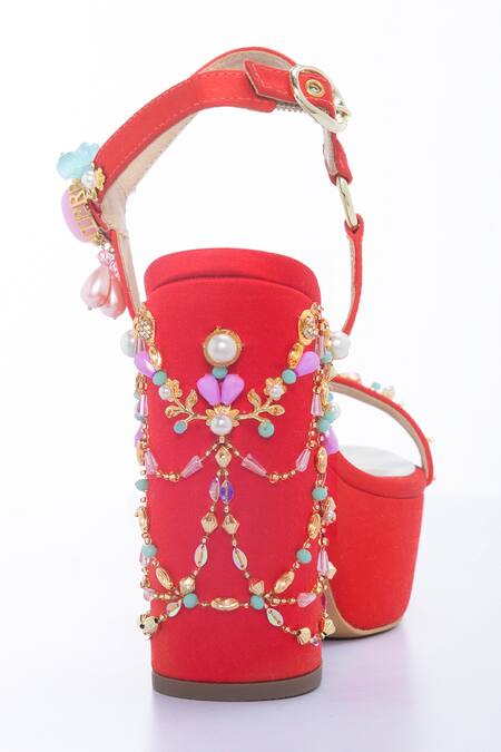 Buy_Papa Don't Preach Accessories_Red Smocking, Pearls, Rush Swarovski Embellished Platform Block Heels _Online_at_Aza_Fashions