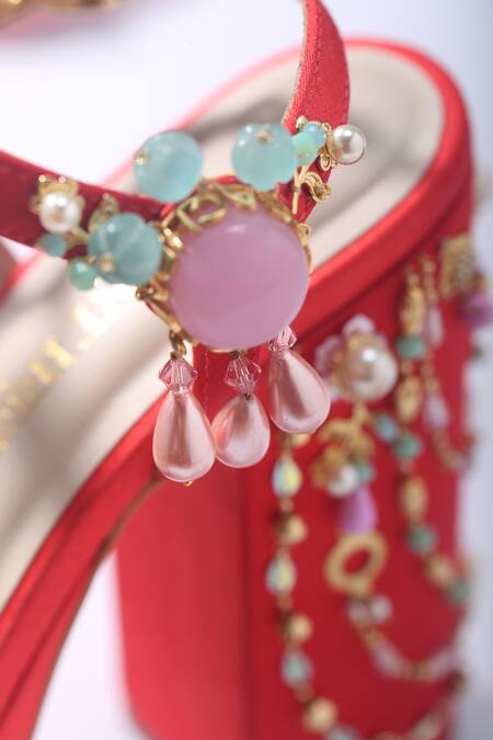 Shop_Papa Don't Preach Accessories_Red Smocking, Pearls, Rush Swarovski Embellished Platform Block Heels _Online_at_Aza_Fashions