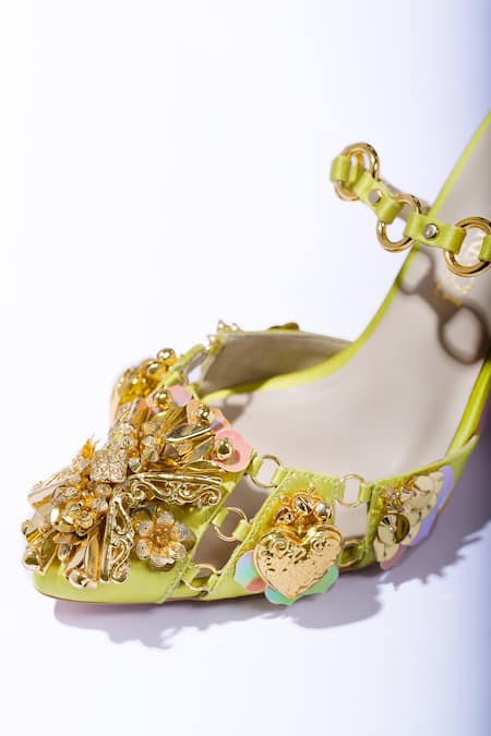 Papa Don't Preach Accessories Lime 3D Metallic Charm Embroidered Stilettos 