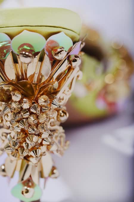 Papa Don't Preach Accessories_Green Beads, Brooches Lime 3d Metallic Charm Embroidered Stilettos _Online_at_Aza_Fashions