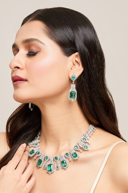 Buy_Moh-Maya By Disha Khatri_Silver Plated Stones Tear Drop Carved Necklace Set 