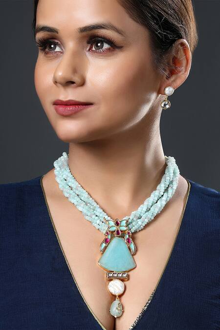 Shop_HRISHA_Green Pearls, Stones Kundan Polki Embellished Choker Necklace Set _Online_at_Aza_Fashions