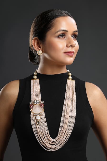Hrisha Jewels Gold Plated Moissanite Kundan Polki Embellished Long Necklace Set