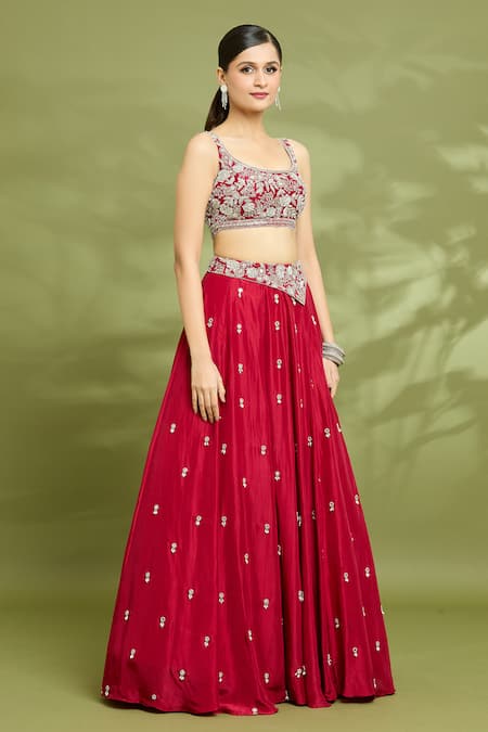 Enamour By Radha Red Net, Linen, Silk Pearls, Embroidery Scoop Neck Blouse Lehenga Set Online at Aza Fashions Enamour By Radha_Red Net, Linen, Silk Pearls, Embroidery Scoop Neck Blouse Lehenga Set _Online_at_Aza_Fashions