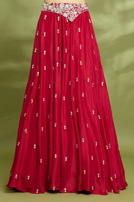 Enamour By Radha Red Net, Linen, Silk Pearls, Embroidery Scoop Neck Blouse Lehenga Set at Aza Fashions Enamour By Radha_Red Net, Linen, Silk Pearls, Embroidery Scoop Neck Blouse Lehenga Set _at_Aza_Fashions