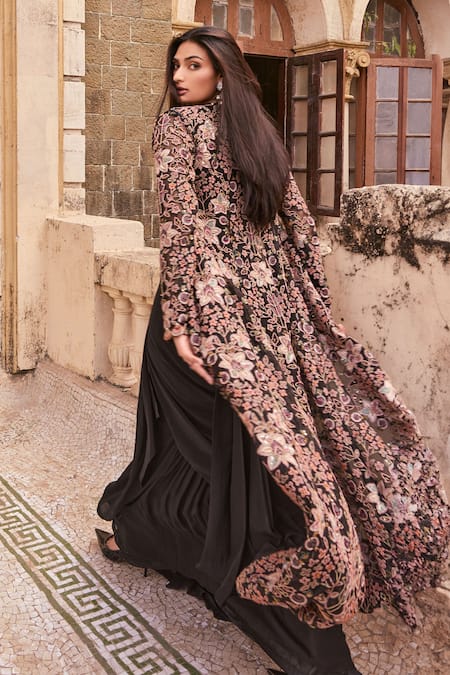 Ridhima Bhasin_Black Organza, Chiffon Embroidery Draped Pant Saree Set With Embellished Cape _Online_at_Aza_Fashions