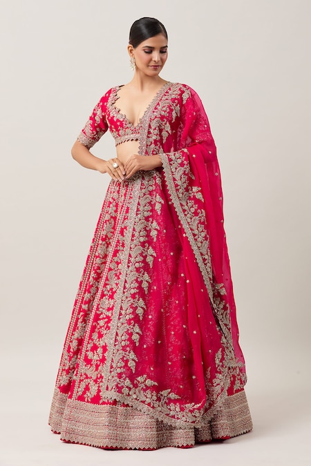 Anushree Reddy Red Raw Silk Embroidery Zardozi Nyomaa Bahar Bridal Lehenga Set 