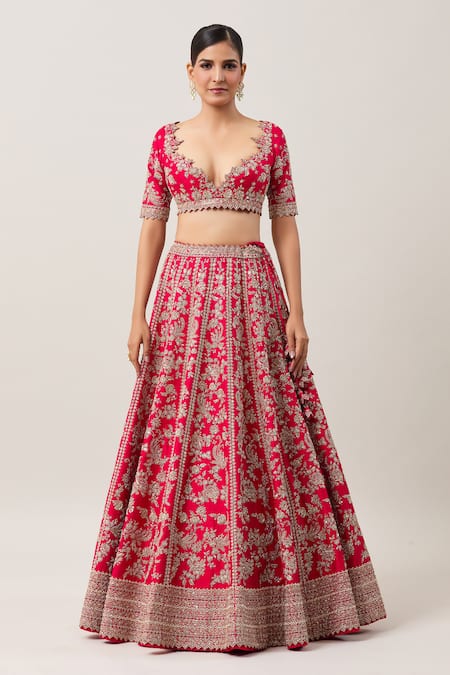 Anushree Reddy Red Silk, Organza Sequins, Nyomaa Bahar Zardozi Embroidered Bridal Lehenga Set Online at Aza Fashions Anushree Reddy_Red Silk, Organza Sequins, Nyomaa Bahar Zardozi Embroidered Bridal Lehenga Set _Online_at_Aza_Fashions