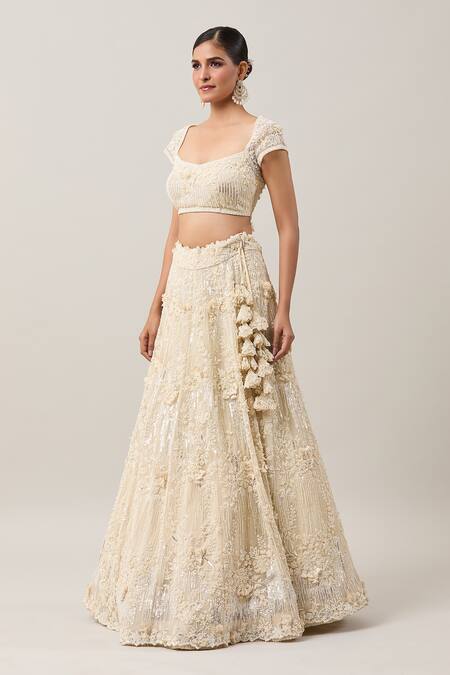 Anushree Reddy_Ivory Organza Pearls, Sequins, Baarish Meadow Embroidered Bridal Lehenga Set _Online_at_Aza_Fashions