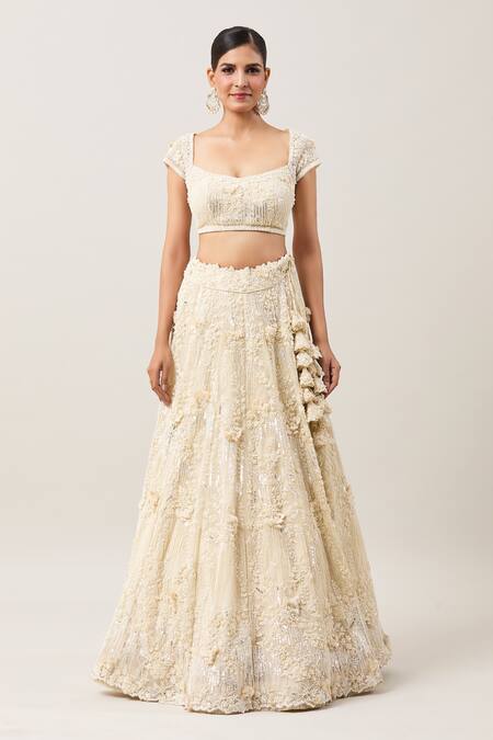 Buy_Anushree Reddy_Ivory Organza Pearls, Sequins, Baarish Meadow Embroidered Bridal Lehenga Set _Online_at_Aza_Fashions